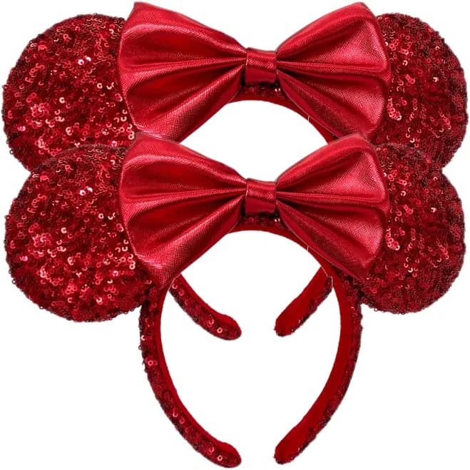 DisneyParks Red Sequin Bow Red Pirate Ears Mickey Minnie Mouse Ears Headband 2pc