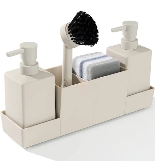 Kitchen Soap Dispenser with Sponge Holder Set for Sink Caddy, Hand Soap and Dish Soap Dispenser with Brush Matte Beige