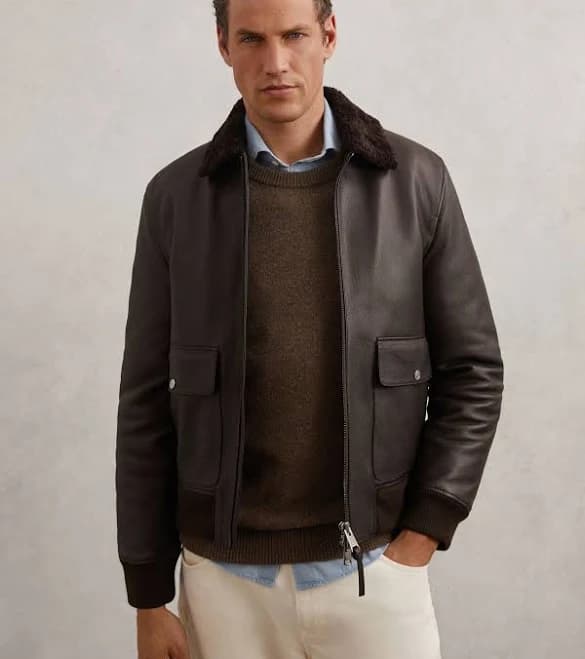 Reiss Men's Shearling-Collar Leather Bomber Jacket