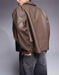 ASOS DESIGN boxy oversized faux leather harrington jacket in brown | ASOS