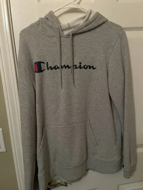 Champion Hoodie Gray M — Blue Script Logo, Red C Sleeve Patch