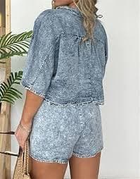 FLASHWIST 2024 New Washed Denim Tencel Set, Women's Casual Comfortable Top Up Shorts Set, Women's Casual V Neck Loose Short (Purple,XL), X-Large at Amazon Women's Clothing store