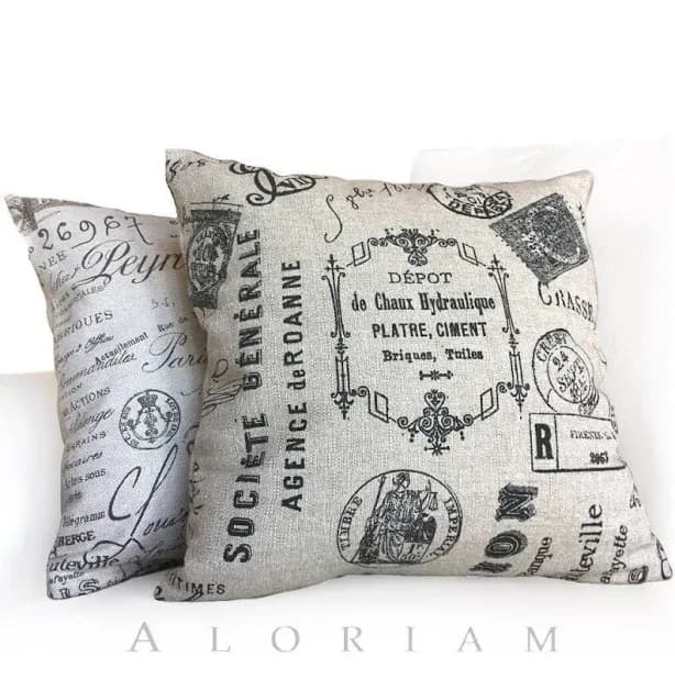 aloriam Vintage French Script Calligraphy Stamps Pillow Cover