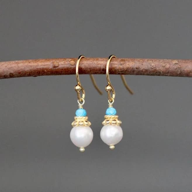Turquoise and Gold Akoya Pearl Dangle Earrings