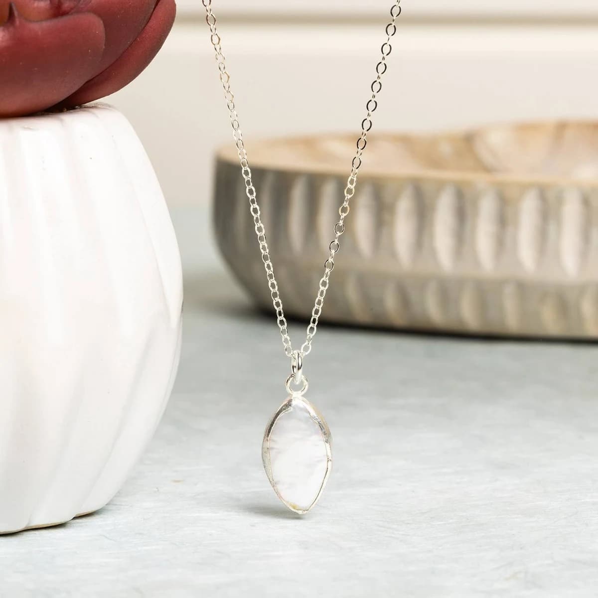 Sterling Silver Elongated Oval Pendant Necklace with Dainty Cable Chain