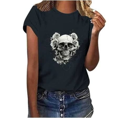 Women's Casual Loose Crew Neck Short Sleeve Graphic Skull Print T-Shirt