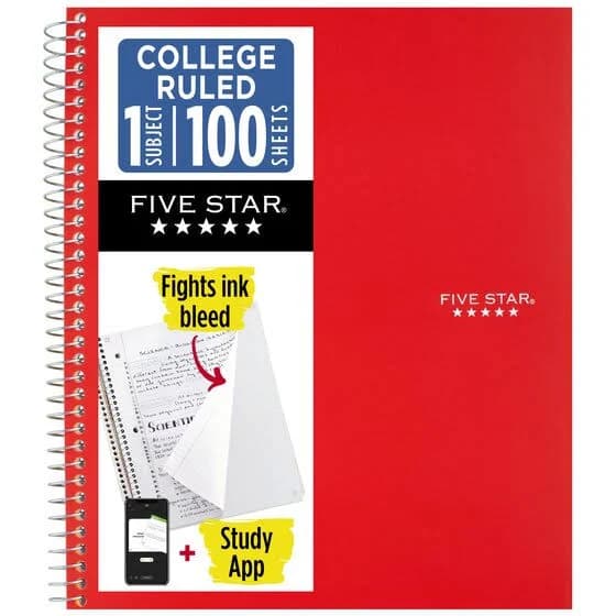 Five Star Wirebound Notebook 1 Subject College Ruled 100 Sheets Red