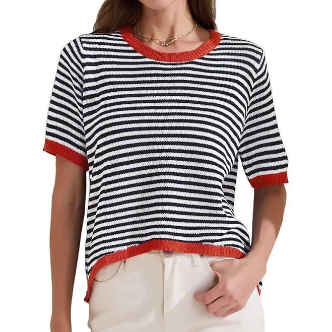 Women's Summer Tops Striped Knitted T Shirt Short Sleeve Trendy Loose Fit Pullover Top, Size: XXL, Black