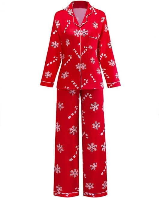 Retro Stage Christmas Snowflake & Candy Cane Long Sleeve Button-Down Pajama Set