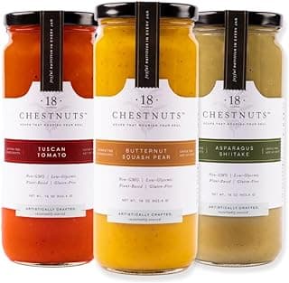 18 Chestnuts Plant Based Soup - Tuscan Tomato, Asparagus Shiitake, and Butternut Squash Pear Soup Bundle, Plant Based & Gluten Free - 3 Jars (16oz)