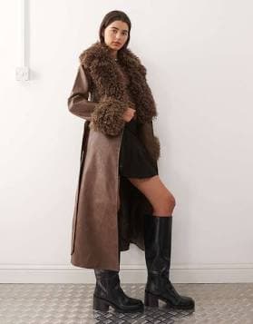 Reclaimed Vintage Leather Trench Coat with Faux Fur Collar and Cuffs