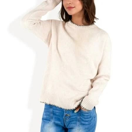 Women's Crew Neck Long Sleeve Knit Sweater with Contrast Trim and Ribbed Hem