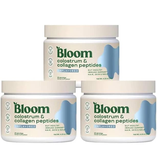 Bloom Nutrition Colostrum & Collagen Peptides Powder (25 servings) - 3 Pack - Grass-Fed Protein Powder for Gut Health, Immune Support & Skin