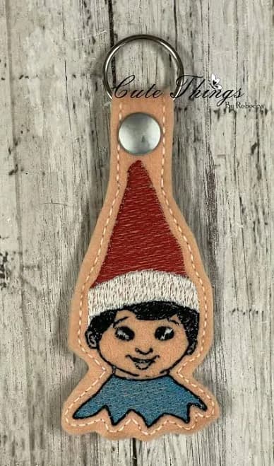 Elf Digital Embroidery File in The Hoop Key Fob Snap Tab Keychain Bag Tag