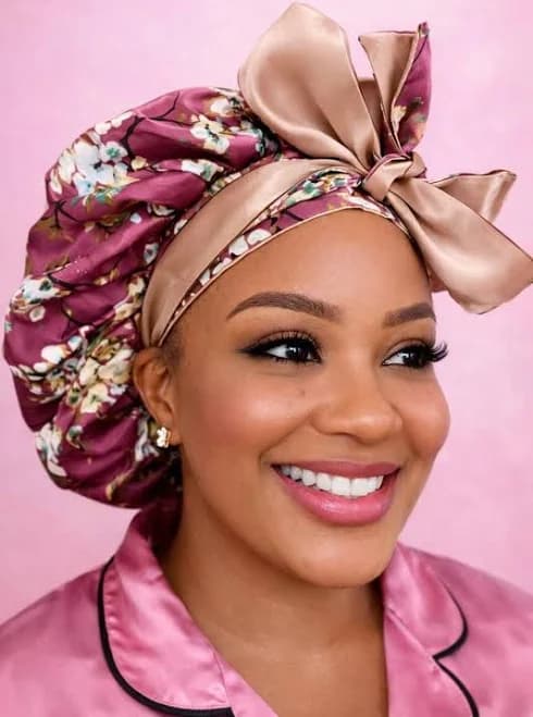 Reversible Floral Satin Bonnet with Bow Tie