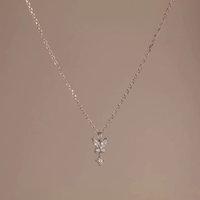 Caitlyn Minimalist Sterling Silver Diamond Butterfly Drop Charm Necklace