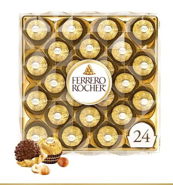 Ferrero Rocher Gourmet Hazelnut Milk Chocolate Gift Box, 24 Individually Wrapped Chocolates, 10.6 oz, Multicolor