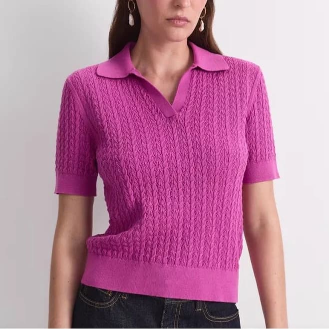 Women Cable Knit Short Sleeve Polo Sweater Beige / L