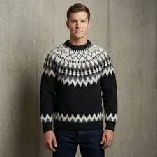 Men Nordic Sweater - Geometric Fair Isle Pullover - Winter Crew Neck Pullover - Casual Vintage Style Jumper -Black and White Pattern Sweater