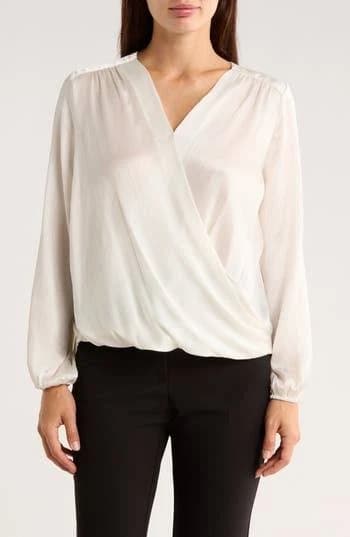 Tahari Women's Long Sleeve Faux Wrap Blouse