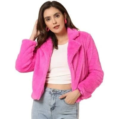 Women's Autumn Winter Cropped Jacket Notch Lapel Faux Fur Fluffy Coat