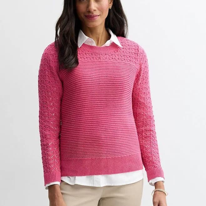Women's Croft & Barrow Pointelle Yoke Textured Pullover Sweater, Size: Medium, Think Pink