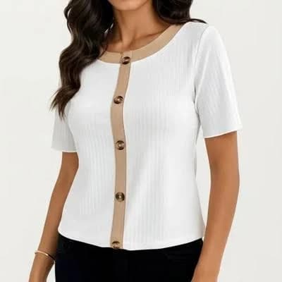 Anna-Kaci Women's Short Sleeve Ribbed Knit Top with Contrast Trim Button Front and Rounded Neckline