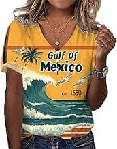Mexico Shirts for Women Short Sleeve V Neck Gulf of Mexico T Shirts Vinatge Graphic Mexico Tops
