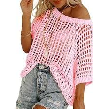 Women's Summer Sweater Lightweight Skeleton Knit Top Short Sleeve Loose Beach Blouse (US, Alpha, One Size, Regular, Regular, White) at Amazon Women's Clothing store