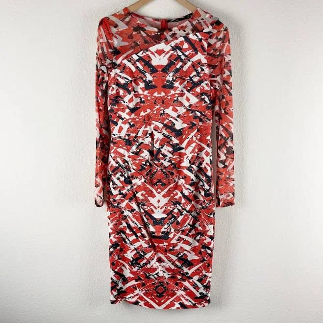 Karen Millen Bodycon Abstract Print Dress Womens 10 Orange Long Mesh