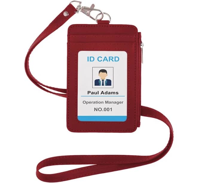 2-Sided Vertical PU Leather ID Badge Holder with Zipper Pocket and Leather Neck Lanyard