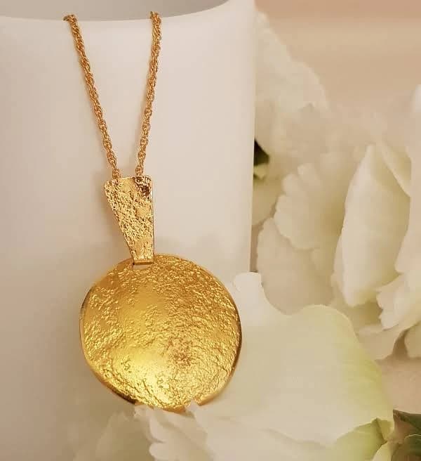 Large Round Gold Plated Pendant Textured Gold Finish-ZadokGold