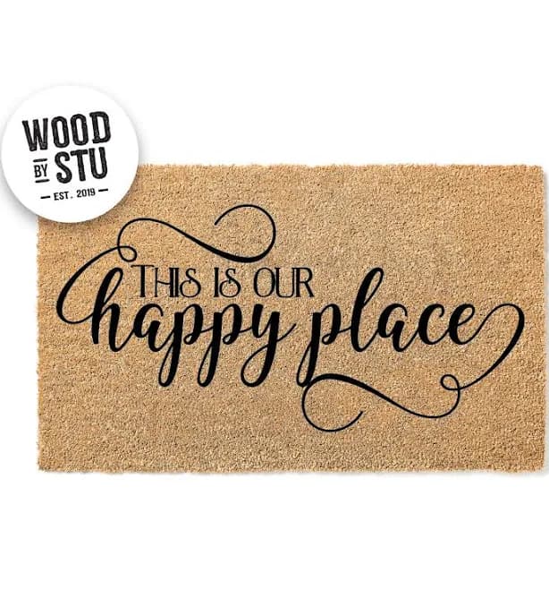 This is Our Happy Place Doormat | 18x30 Inch Natural Coir Entry Mat with Black Text | Perfect for Indoor & Outdoor Use