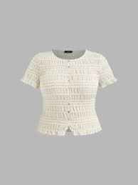 Knit Fabric Shirred Button Short Sleeve Blouse Curve & Plus For Daily Casual