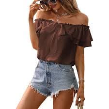 Floerns Women's Summer Floral Blouse Tops Off Shoulder Ruffle Long Sleeve Going Out Peplum Tops White Small at Amazon Women's Clothing store