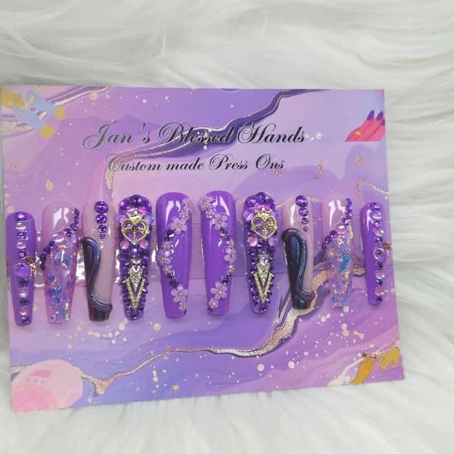 Purple 3D Chrome and bling Press-on nails set
