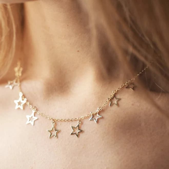 14K Solid Gold Dainty Dangle Celestial Star Charm Chain Necklace