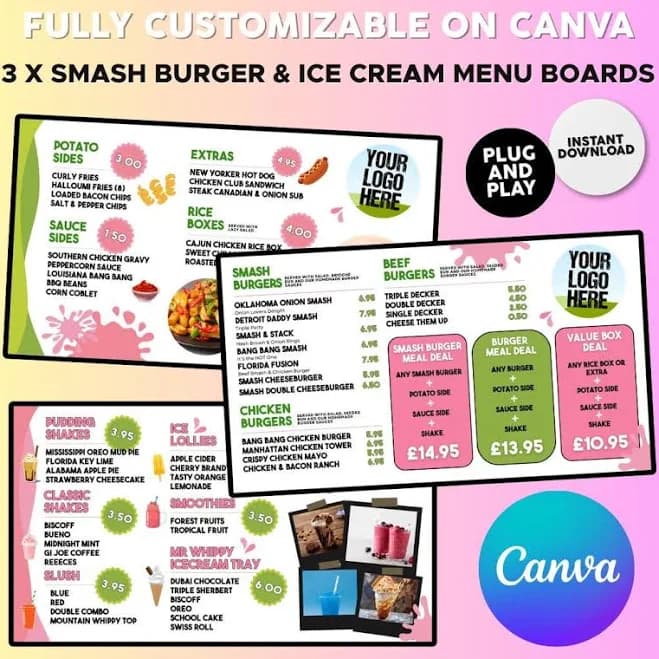 Smash Burger Takeaway TV Menu Board Templates: 3 Canva Designs (Digital Item)