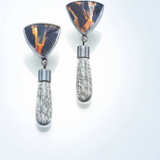 Iron Stone Agate and Tourmalated Quartz Earrings