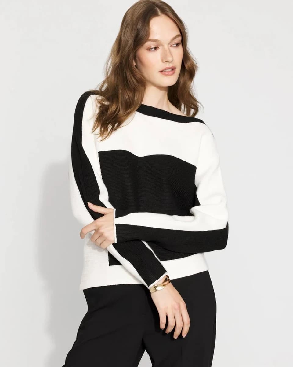 White House Black Market Women's Colorblocked Asymmetric Hem Sweater