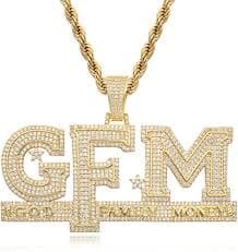 Hip Hop 18K Gold Plated Iced Out Letters Pendant Necklace God FAMILY MONEY Cubic Zircon Men's Charms Necklace Jewelry (Gold) | Amazon.com