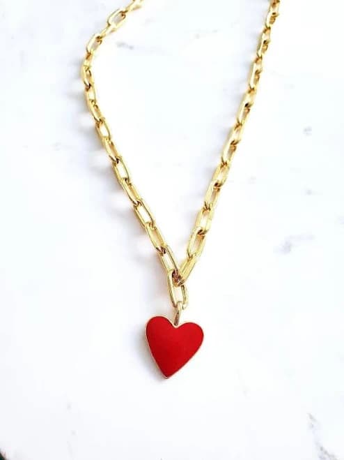 Gold Enamel Heart Pendant Necklace