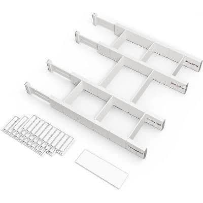 Bamboo Drawer Dividers with Inserts and Labels, Kitchen Adjustable Drawer Organizers, Expandable Organization for Home, Office, Dressers, 4 Dividers with 9 Inserts (17"-22" White)