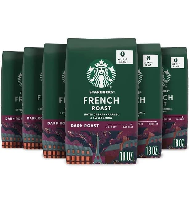 Starbucks Whole Bean Coffee, Dark Roast Coffee, French Roast, 100% Arabica, 6 bags (18 oz each)