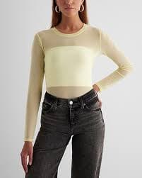 Mesh Crew Neck Long Sleeve Bodysuit | Express