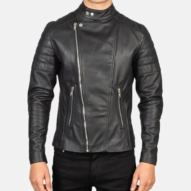 Black Leather Asymmetrical Biker Jacket For Men - Black Biker Leather