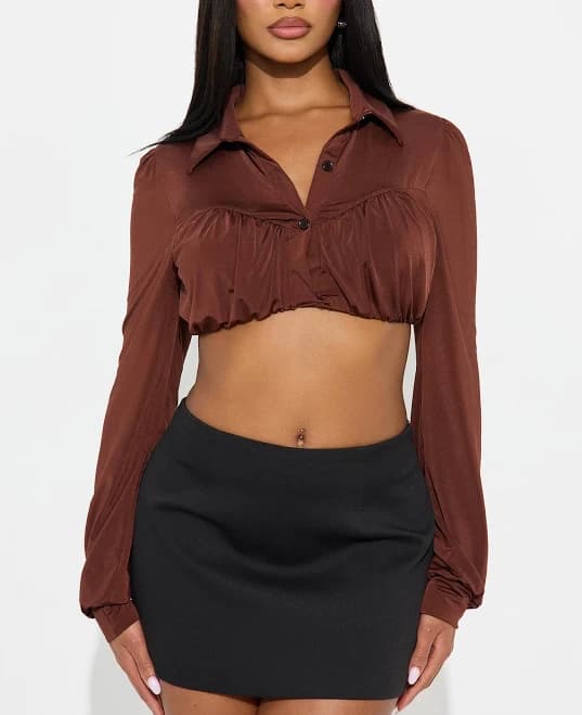 Fashion Nova Ruched Long Sleeve Cropped Blouse