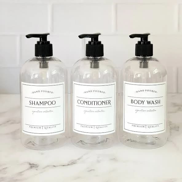 CLEAR - Set of 3 - 16oz PLASTIC Shampoo, Conditioner, Body Wash Bottles - Clear Bottles With Waterproof Labels, Refillable Shower Bottles