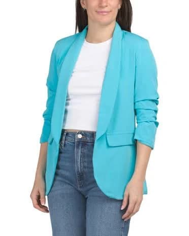 Ruched Sleeve Blazer for Women | Turquoise | Size: S | Polyester/Elastane