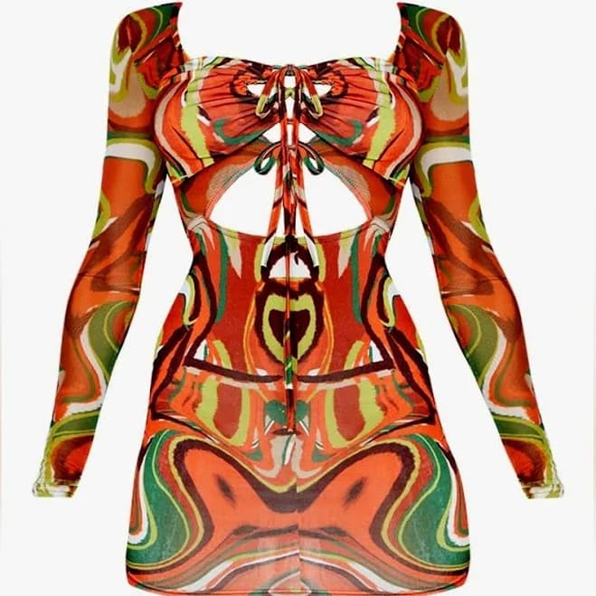 Prettylittlething Orange Marble Print Double Tie Long Sleeve Bodycon
